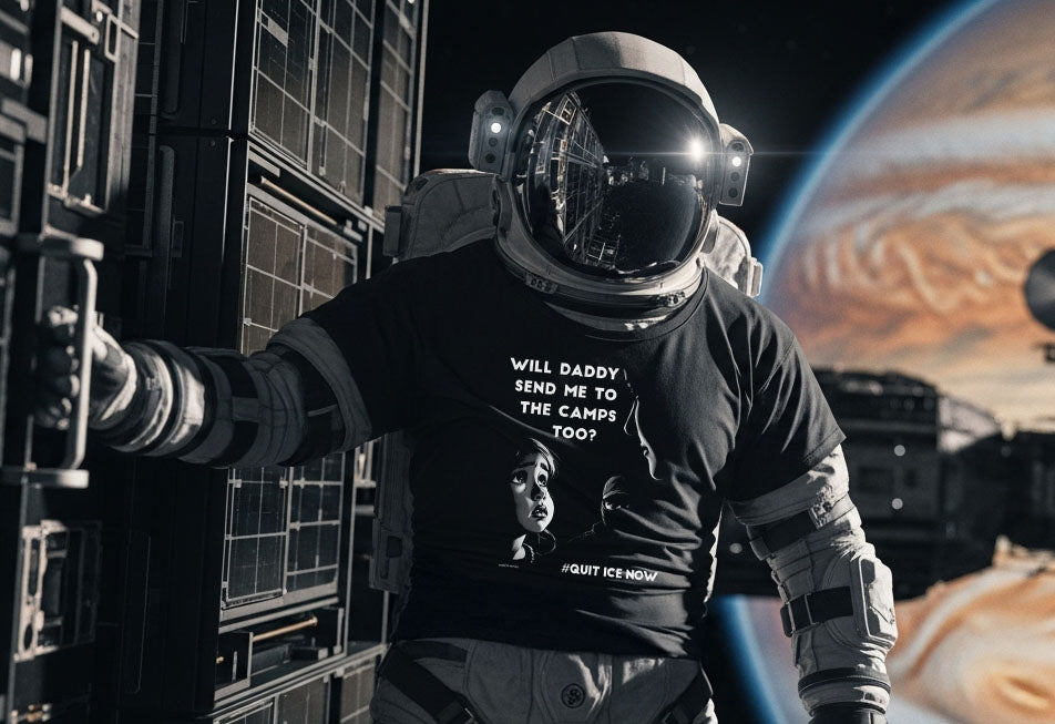 A person in an astronaut suit with a space-themed background